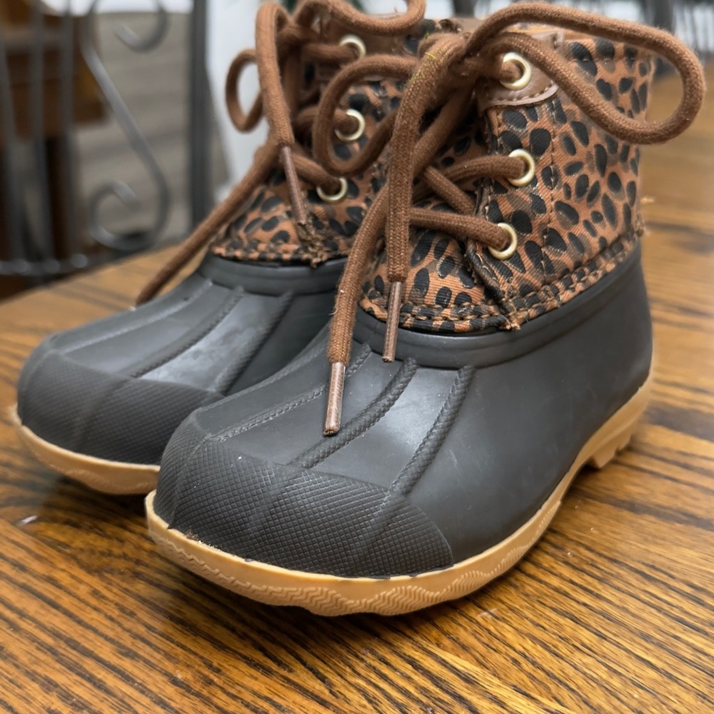 Sperry Kids Girls Port Rain Boot Tan Leopard Size 7 Little Kid Rubber Duck Boot